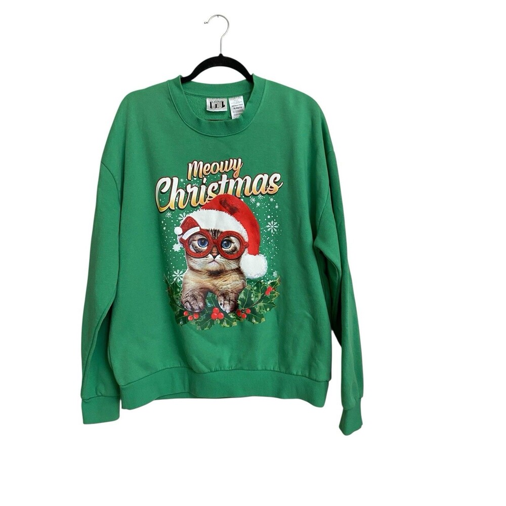Isaac Morris Meowy Christmas Singing Cat Sweatshirt XL Green Ugly Christmas
